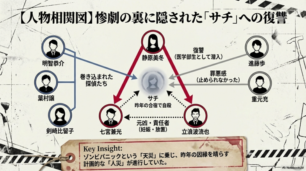 昨年の合宿で自殺した「サチ」を中心に、静原美冬の復讐心、七宮・立浪ら元凶、巻き込まれた探偵たちの関係性を示した詳細な相関図。