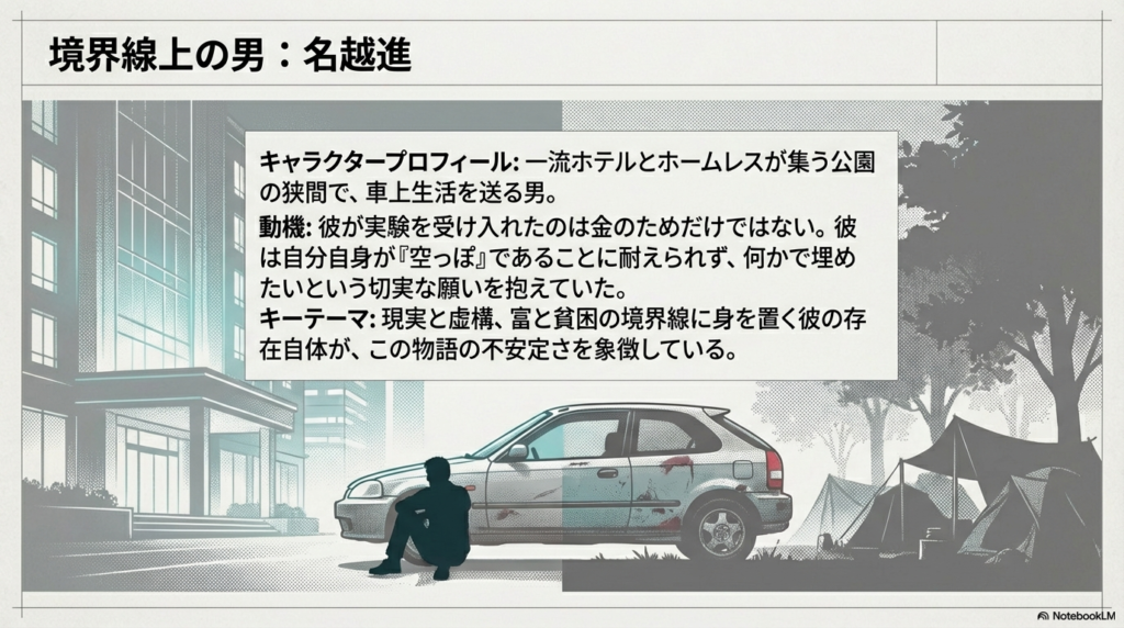 ホテルと公園の狭間で車上生活を送る名越進の解説。自分を「空っぽ」だと感じている彼の精神状態と物語の象徴性についての説明。