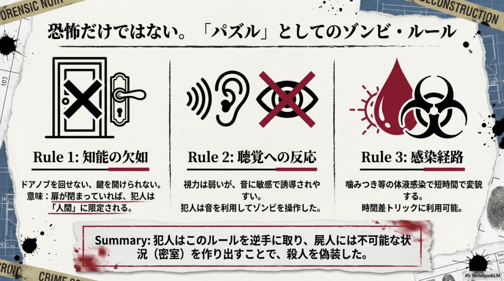 ゾンビの3つのルール（知能の欠如、聴覚への反応、感染経路）を解説し、それがどう密室殺人のパズルとして機能するかをまとめた図。