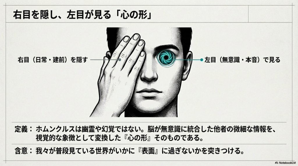 右目を手で隠し、左目がレンズのように変容した男性のイラスト。無意識が捉えた他者の情報を視覚化した「ホムンクルス」についての定義。