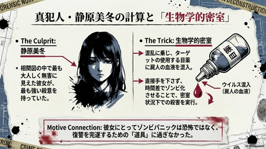 真犯人・静原美冬の強い殺意と、屍人の血液を混入した目薬を用いた「生物学的密室」のトリック解説図。