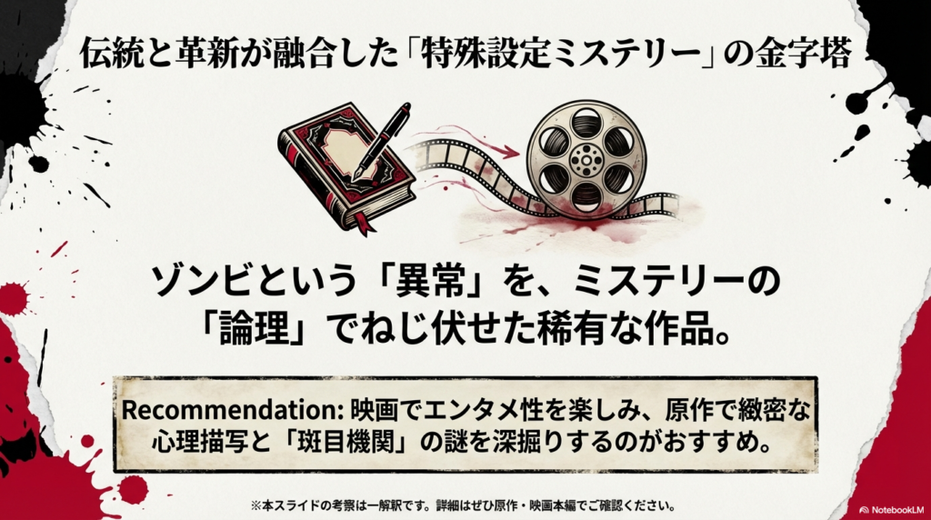 異常な設定を論理でねじ伏せた作品の総括。映画のエンタメ性と原作の緻密な心理描写の両方を楽しむことを勧めるまとめスライド。