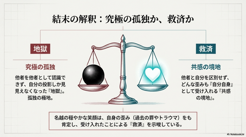 天秤の片方に黒い球体（地獄・孤独）、もう片方に光るハート（救済・共感）が乗っているイラスト。映画の結末が持つ二つの解釈についての比較。