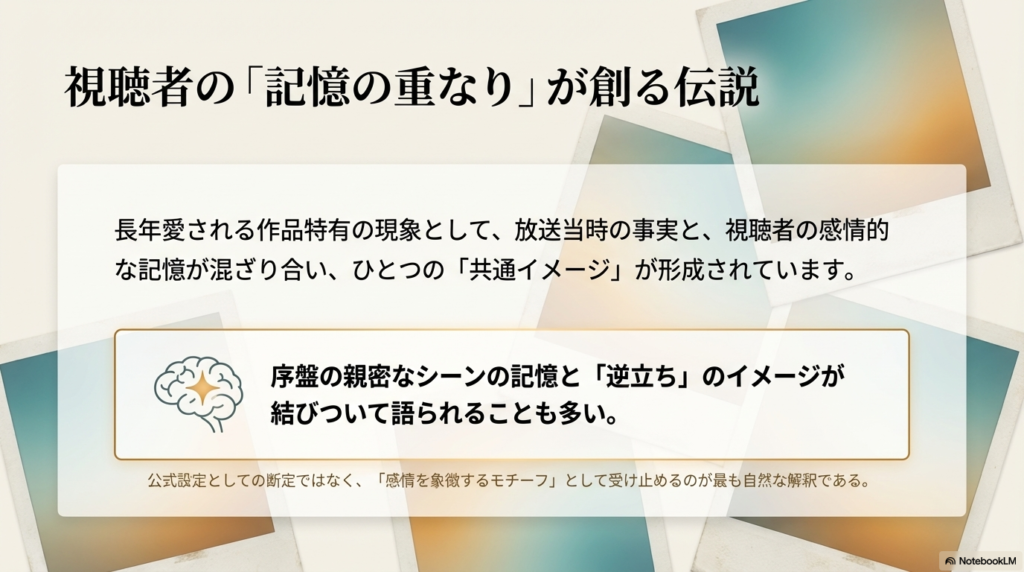 放送当時の事実と視聴者の感情的な記憶が混ざり合い、「感情を象徴するモチーフ」として共有されている現象を脳のイラストと共に解説するスライド 。