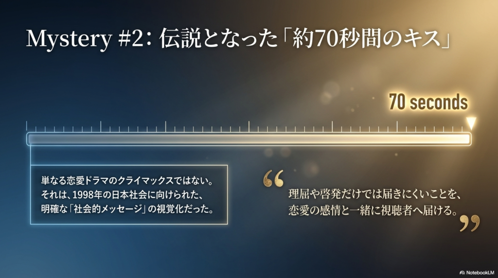 単なる恋愛描写を超え、1998年の日本社会に向けられた明確なメッセージとしてのキスシーンを提示するスライド 。